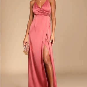 Elegant Deep Rose Satin Surplice Maxi Dress - Coral Pink Satin Silk Dress